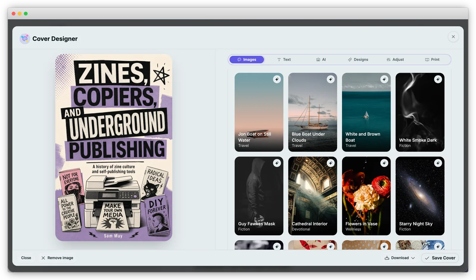 The Inkfluence cover designer with live preview and image library