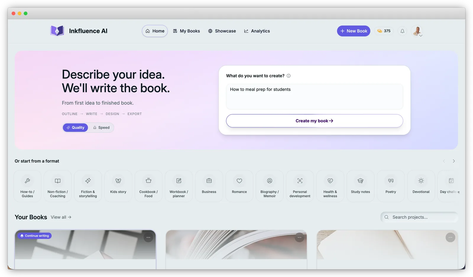 The Inkfluence dashboard: describe your idea and the AI writes the book